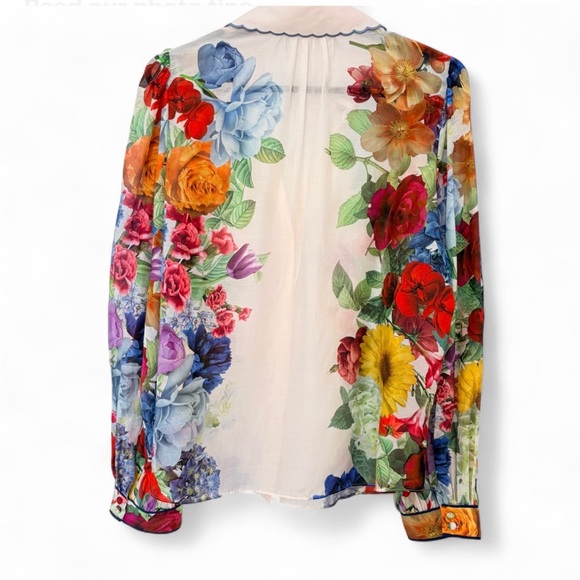 Alice + Olivia Floral Placement Blouse L Pink Sheer Statement Collar Designer - Picture 4 of 9